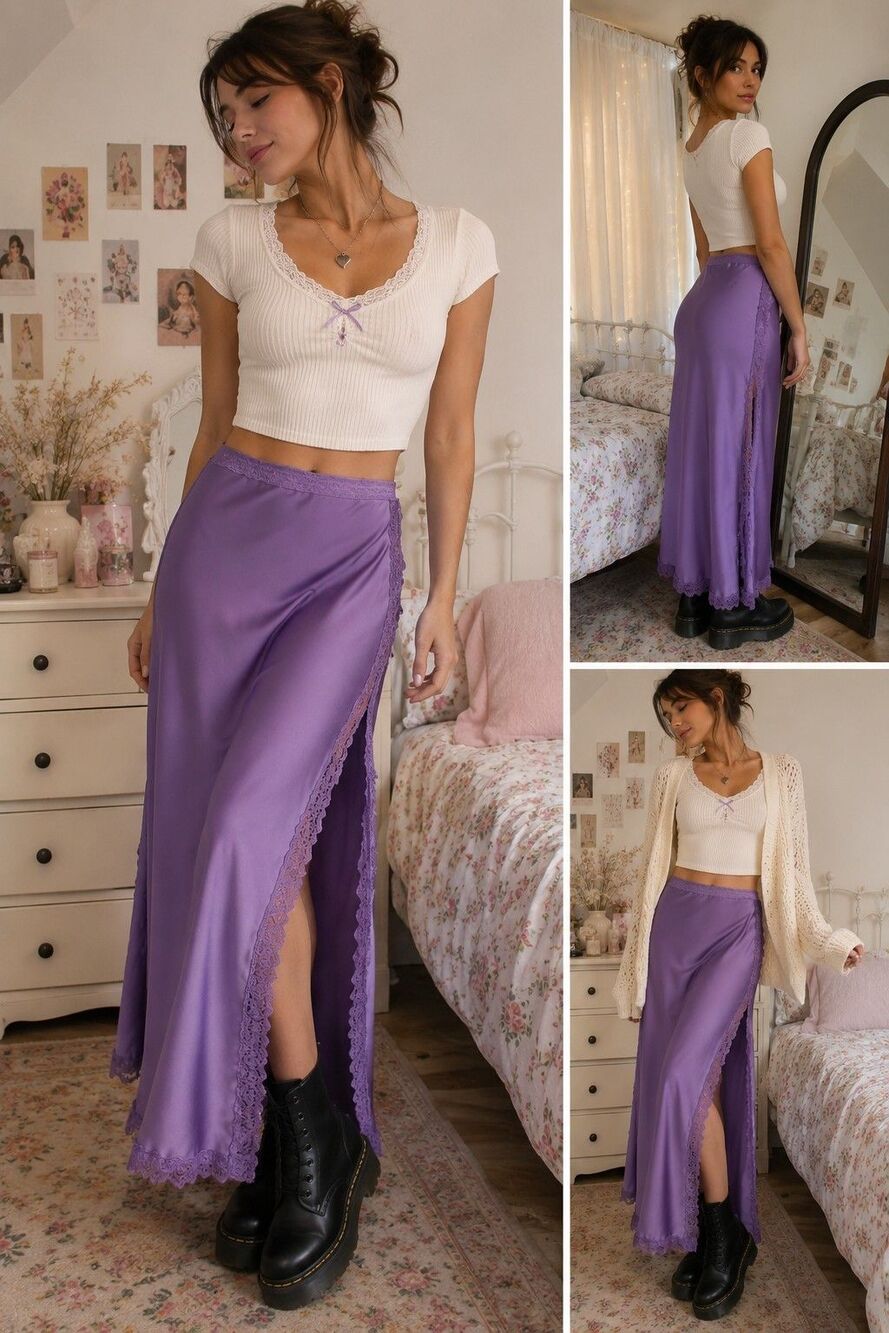 Wild Fable Women XXS Slip Maxi Skirt Silky Satin Lace Fairycor Coquette Feminine